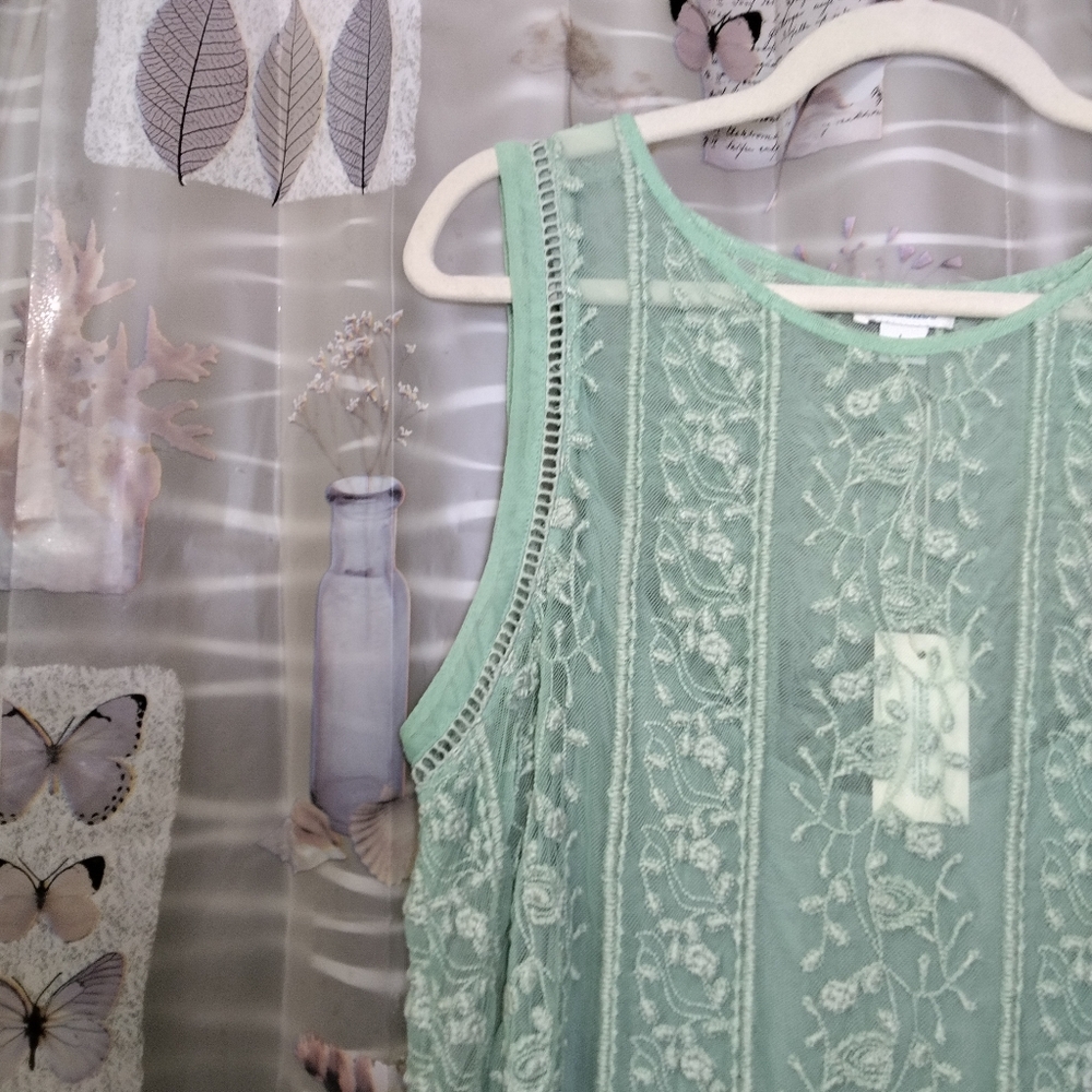 NWTSundance Embroidered Floral Sheer Mint Green Lace Boho Sleeveless Top Lined L - Picture 8 of 15